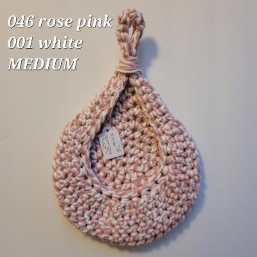 MEDIUM 046 ROSE PINK 001 WHITE HANDMADE CROCHETED  HANGING WALL BASKET 2 STRAND